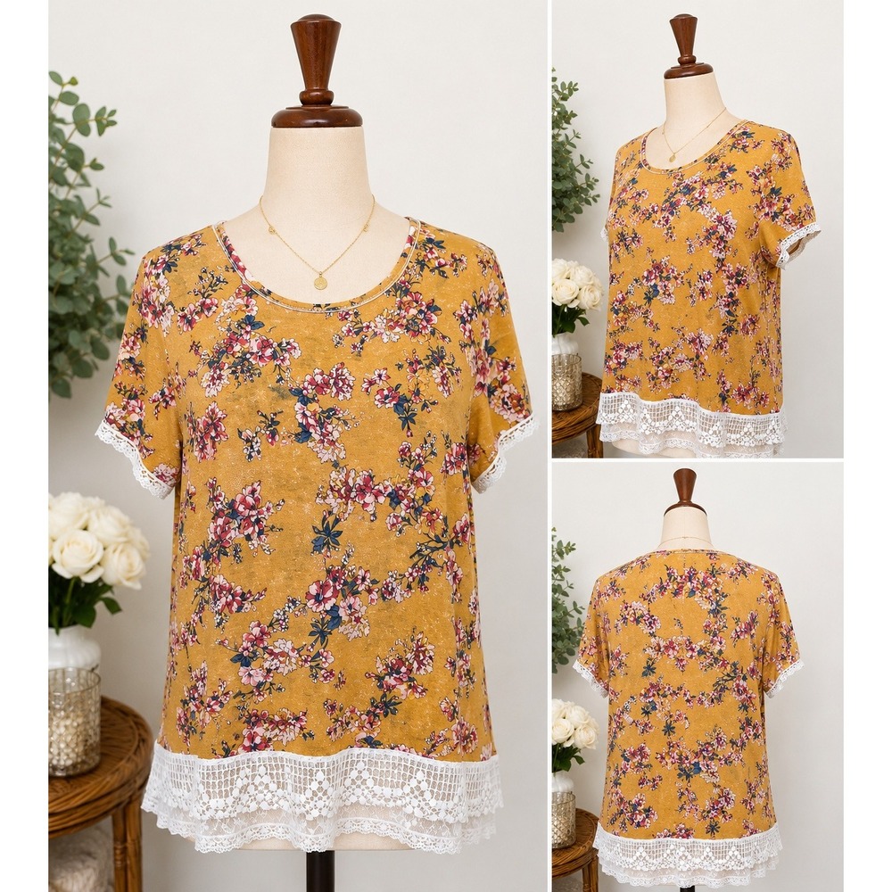 Rewind Floral Top Women Large Mustard Yellow Lace Trim Crochet‎ Boho Peasant